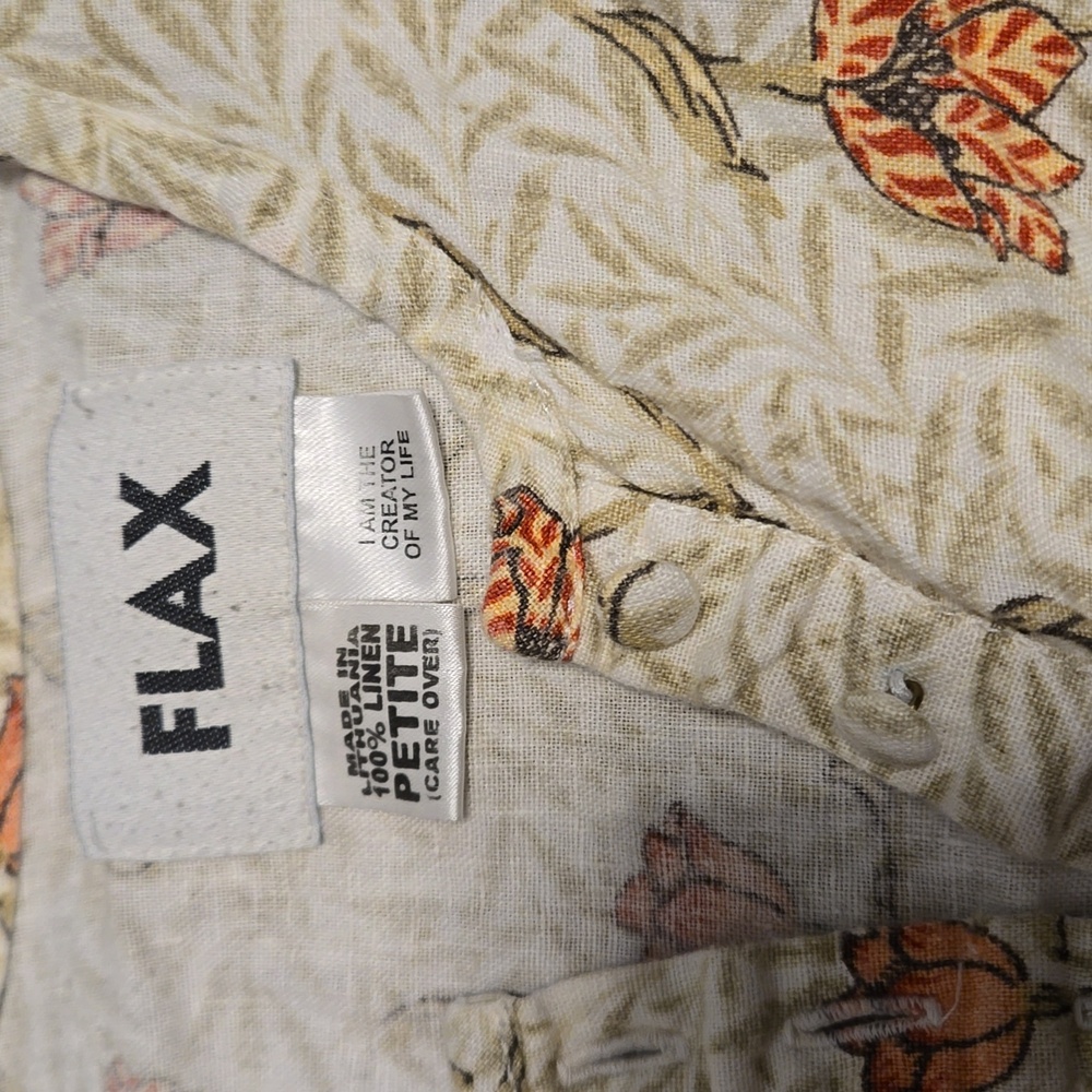 Flax blouse 100% linen poppy tulip floral print long sleeve crew neck cream S - Picture 2 of 3